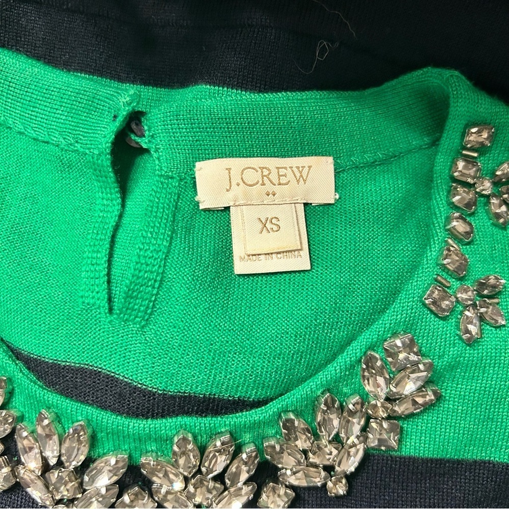 J.Crew Navy Blue and Green Stripe Bejeweled Merino Wool Short Sleeve Sweater, XS - Picture 7 of 9